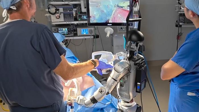 A human surgeon, robot surgeon and assistance prepare to operate on a pig. A human surgeon, robot surgeon and assistance prepare to operate on a pig.